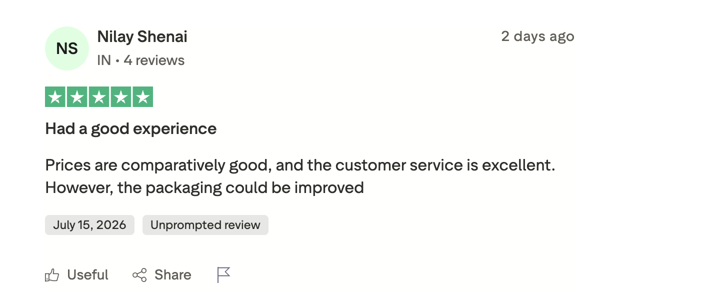 Customer review on Trustpilot
