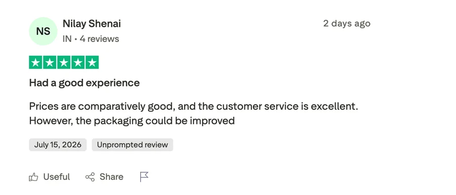 Customer review on Trustpilot